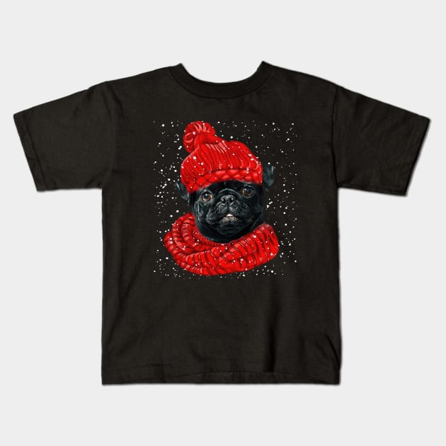 Black Pug Wearing Red Hat And Scarf In Snow Christmas Kids T-Shirt by Tagliarini Kristi